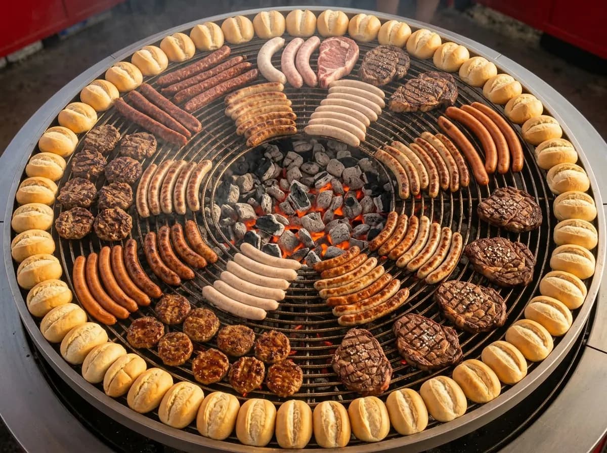 XXL-Rundgrill von oben, dicht belegt mit Bratwurst, Steaks und Bouletten, umgeben von einem Kranz aus Brötchen
