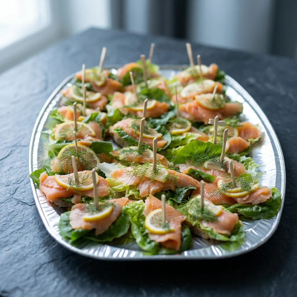 Platte mit Räucherlachs-Häppchen auf Salatblättern, garniert mit Zitronenscheiben und Dill