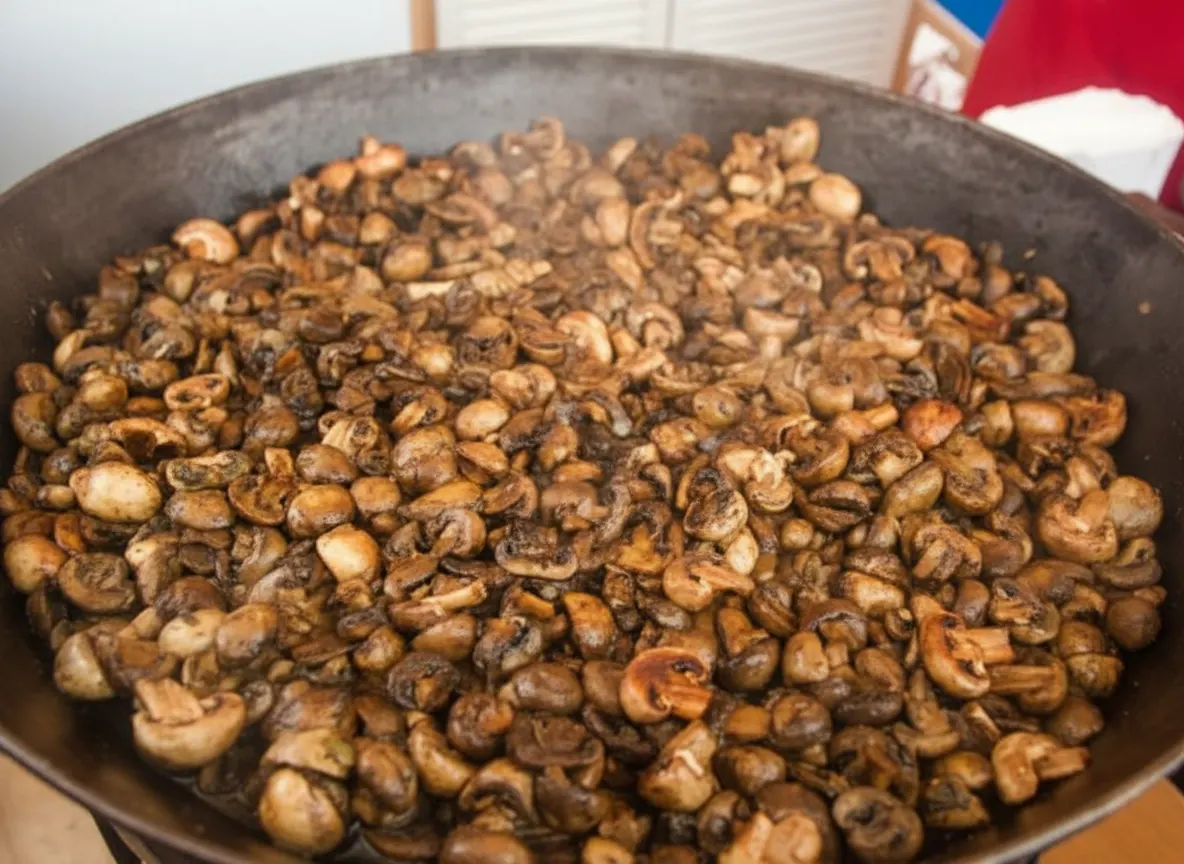 Große Eventpfanne voller gebratener Champignons