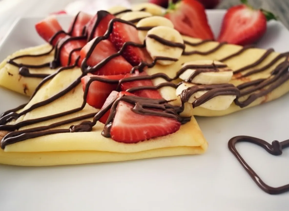 Crêpe mit Erdbeeren, Bananenscheiben und Schokoladensauce auf einem weißen Teller
